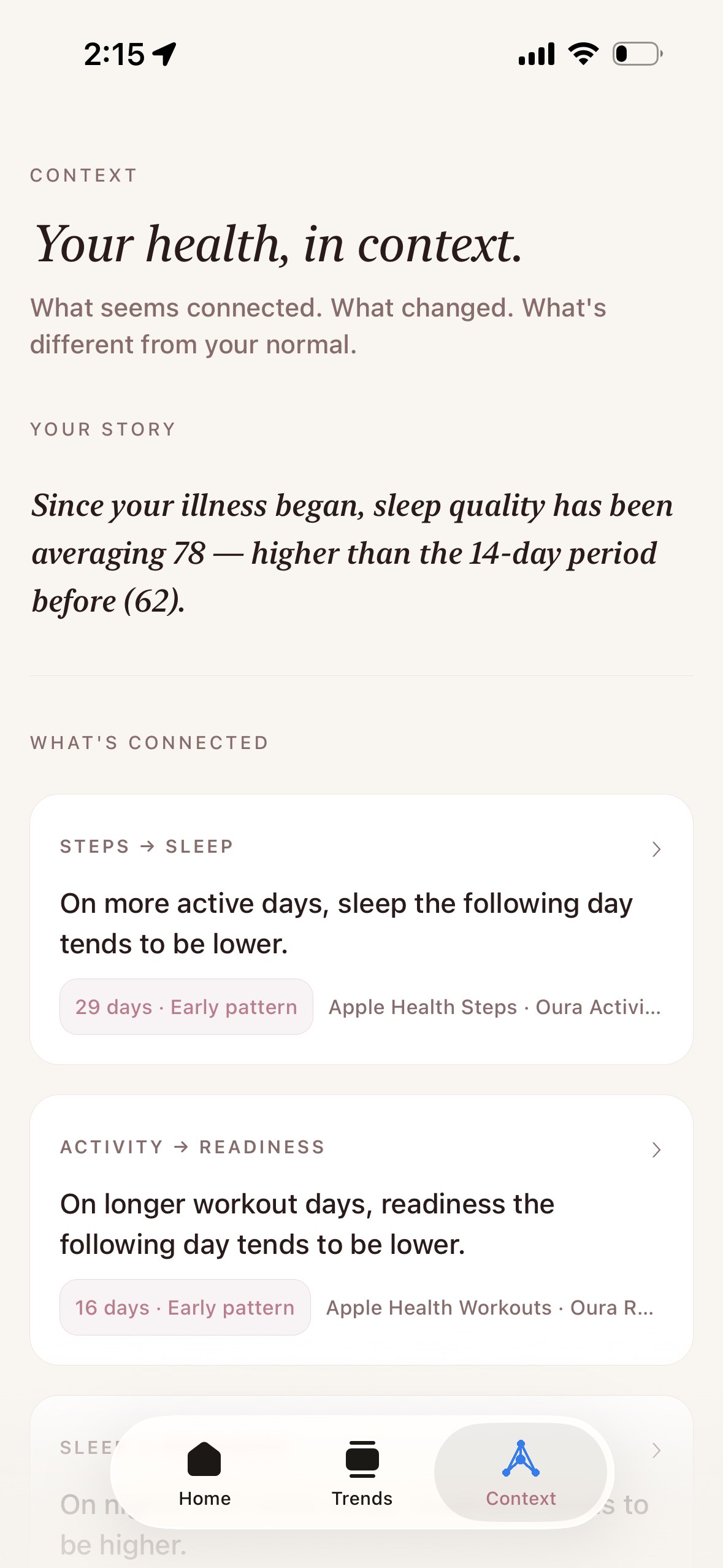 BellaHealth Context screen: Your health, in context — showing Your Story narrative insight and What's Connected pattern cards