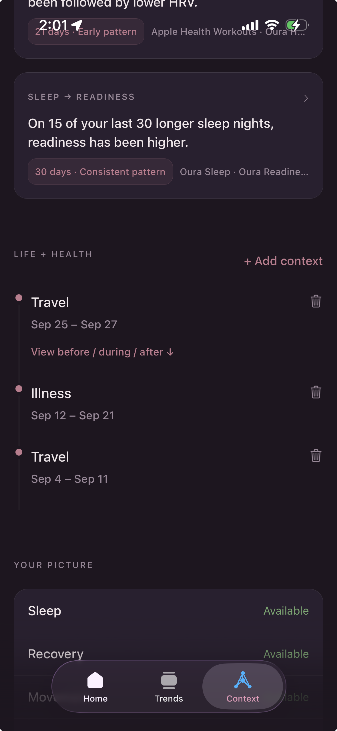 BellaHealth Context screen showing Life + Health with Travel and Illness events, Sleep to Readiness pattern cards with 30-day consistent data, and Your Picture data sources including Apple Health and Oura