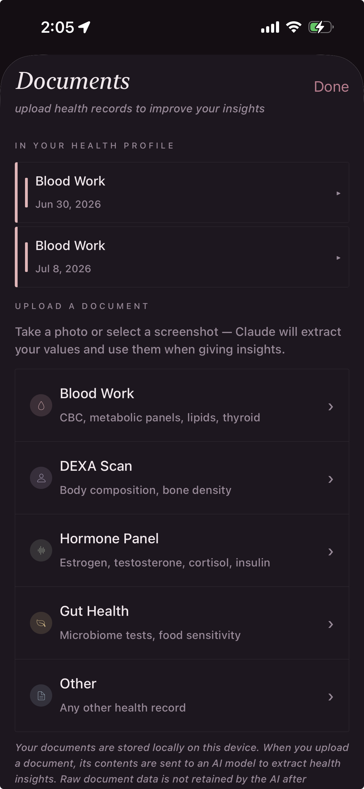 BellaHealth health records upload screen showing Blood Work, DEXA Scan, Hormone Panel, Gut Health, and Other options