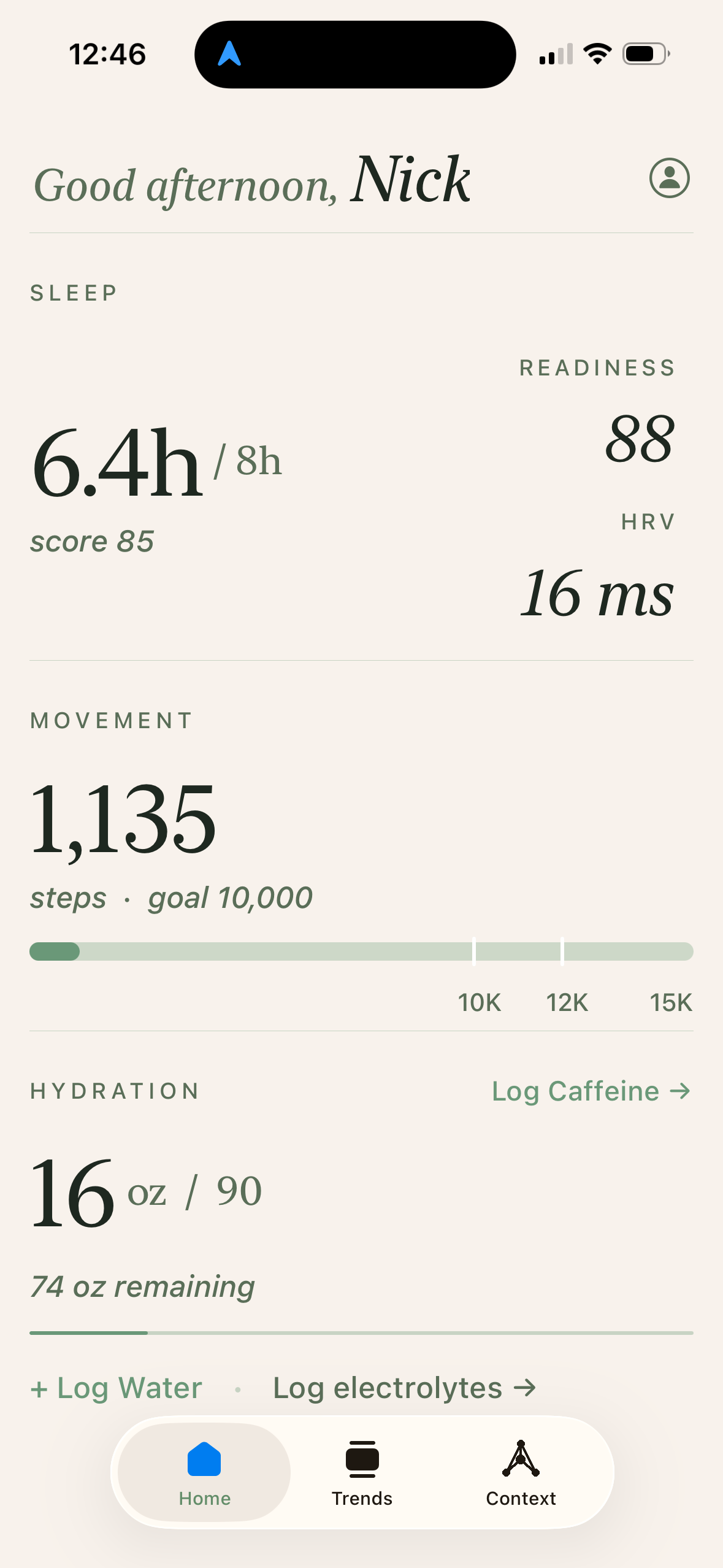 BellaHealth home screen showing sleep 6.4 hours, readiness 88, HRV, steps and hydration