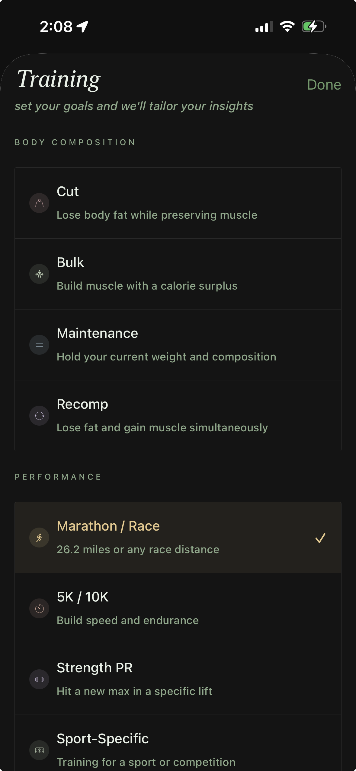 BellaHealth training goals screen showing Body Composition options and Performance goals including Marathon and Race